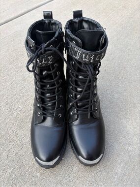 Juicy Couture Black Lace-Up Combat Boots with Rhinestone Strap